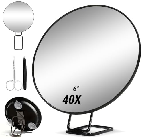 Miroir Grossissant 40x, Miroir De Maquillage avec Fonction Grossissante, pour Épilation, Cire Et Épilateur, Comprenant Un Support, Une Pince à épiler Et des Ciseaux