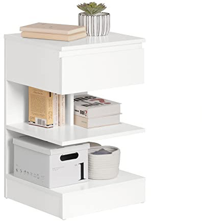 SoBuy Mesita de Noche con 1 cajón y 2 estantes, Mesa Auxiliar, Moderna Mesa de Noche Dormitorio, 39 x 39 x 65 cm, Blanco, FBT49-W