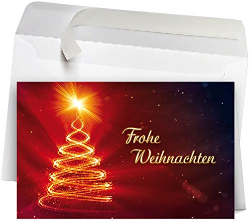 50 Premium Weihnachtskarten mit Umschlag Set für Firmen, hochwertige Klappkarten 19 x 12 cm groß, leuchtender Baum rot