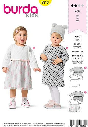 Burda Schnittmuster 9313, Kinder-Kleider [Baby 62-92] zum selber nähen, ideal für Anfänger [L2]