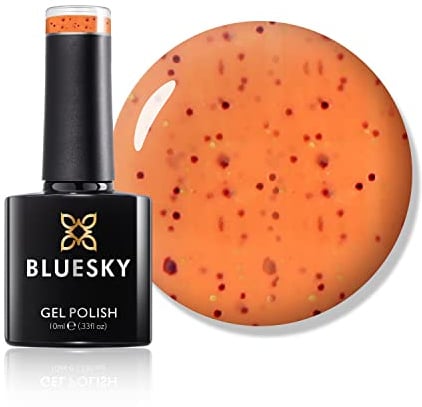 Bluesky Gel Nail Polish 10ml, Mango Tango - SUM1924, Orange Glitter | Juicy apricot sparkle in a warm tropical tone made for holidays and festivals. Chip free and glossy for 21 days.