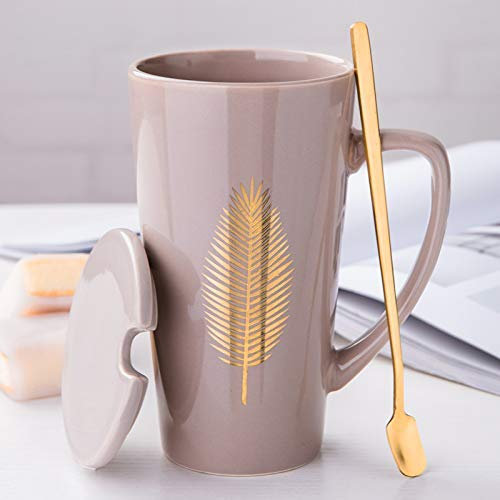 MUXUE Große Teetassen 500ml, Elegante Kaffeetasse mit Deckel und Löffel, Keramik Kaffee Tee Tasse für Freunden und Familien Als Überraschungsgeschenk(Grau)