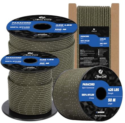 Abma Cord Paracord 3mm 30m 100% Nylon Rope Type II 3 Strands Parachute Cord - Max. 192kg (425lbs) - Reflective Army Green