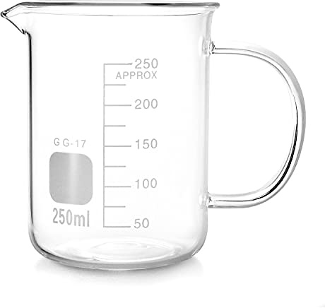 QWORK Beaker with Handle, 250ml/8.45oz, Borosilicate Glass,Measuring Cup, Beaker Mug with Pouring Spout