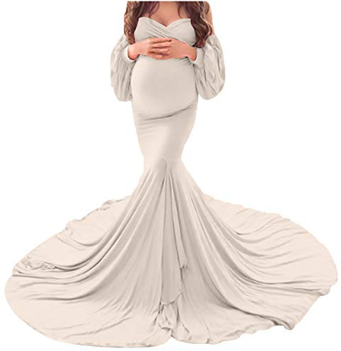 Walaka Robe Grossesse de Photographie Elégante Vetements Maternité Robe Longue en Dentelle Epaule Dénudé Femme Enceinte Costume Habillée de Shooting Photo Mariage Plage Cérémonie