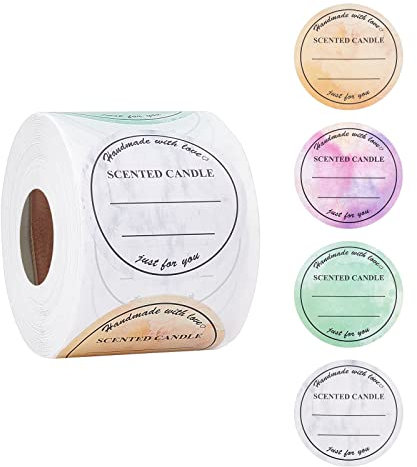 PH PandaHall 500PCS Kerzenetikettenaufkleber, 5cm/2 Wasserdichte Duftkerzenetiketten 4 Farben Handgemachte Kerzenglasaufkleber Selbstklebende Kerzenetiketten Für Kerzendosen, Kerzenschachteln