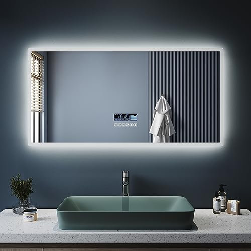 SONNI Badspiegel mit Beleuchtung 120x60 cm Bluetooth Lautsprecher + 3 Lichtfarben einstellbar LED Badezimmerspiegel mit Uhranzeige Lichtspiegel Antibeschlag Wandspiegel