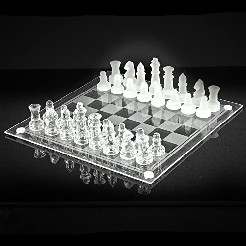 Large 25cm Traditional Chess Glass Board Game Age 3+ 32 Pieces Set Frosted & Clear Gift Boxed