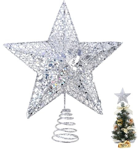 KEYIDO Mini estrella plateada para árbol de Navidad, estrella pequeña de metal para parte superior de árbol de Navidad, 12 cm de alto, 15 cm de ancho