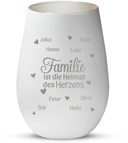 Love Faith personalisiertes Windlicht - Heimat des Herzens - Weiß/Silber | Stimmungsvolles Teelichtglas - Graviere Namen - Schönes Geschenk für die Familie zu Geburtstag & Weihnachten