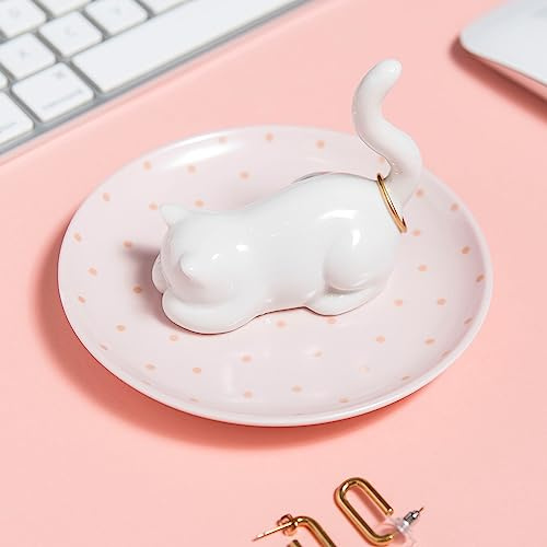 Lynagert Katzen-Ringhalter, Ringschale, Keramik-Schmuckhalter, Schmucktablett für Ringe, Ohrringe, Schmuck-Organizer, lustige Katzen-Themen-Geschenke für Mutter, Geburtstagsgeschenk für Frauen