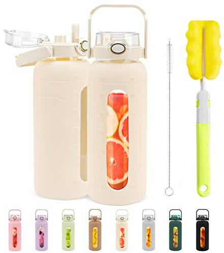 Tronco 64oz Glass Water Bottles with Straw Lid and Time Marker Half Gallon Large Motivational Water Bottle with Silicone Sleeve 2L Refillable Water Jug Bottle for Gym Home Workout BPA Free,Milky White