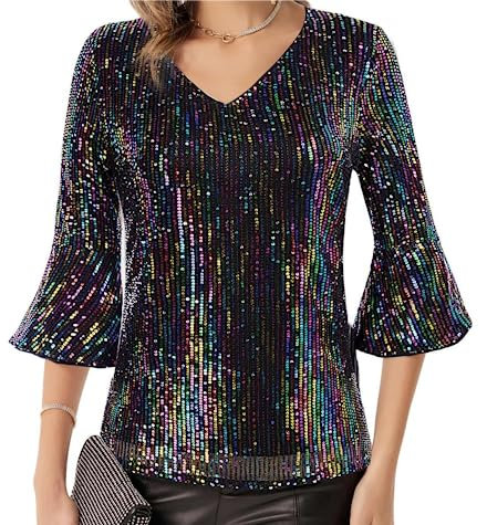Damen Glockenärmel Bluse Pailletten Oberteil Elegant Oberteile Damen Glitzer Top Cl1559-07_0XL