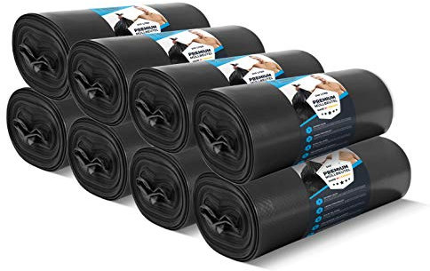 Bolsas de basura de 240 litros, 70 μ, de aIta caIidad, resistentes, XL, para industria, extremadamente resistentes a la rotura, rollo de bolsas negras para cubos de basura (150 bolsas – 15 rollos)