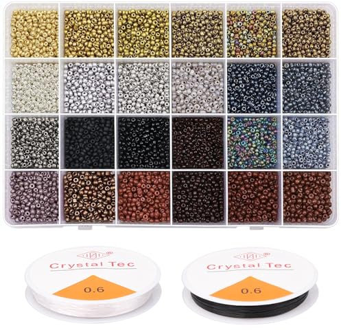 Yholin 9600 Stück 3mm Rocailles Perlen zum Auffädeln Kleine Glasperlen Set Bastelperlen Armbänder mit Elastischen Schnur für DIY Armband Halsketten Schmuck Basteln Schmuckherstellung, (4DE-M018-3mm)