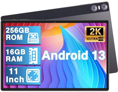YESTEL Tablet 11 Pulgadas Android, 16GB RAM 256GB ROM Expandible 1TB, Pantalla 2K IPS, 4 Altavoces, 3 Cámaras, GPS, Carga Rápida 18W, 8600mAh, WiFi 5G, Octa-Core, con Funda – Gris