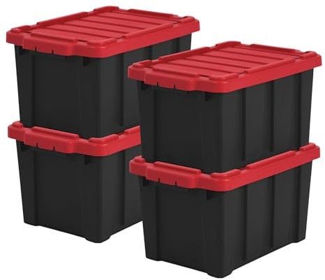 Iris Ohyama, Caisse Rangement avec Couvercle Robuste, 21L, Lot de 4, Rouge, Compact, Durable, Empilable, pour Garage, Etagères, Déménagement, Plastique, Boite a Outils, Bac de Rangement, DDSKT-210