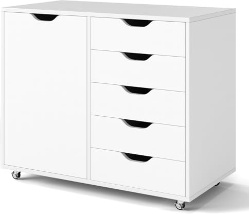 SFAREST Mobile File Cabinet, Lateral Stationery Vertical Rolling Filing Cabinets with Lockable Wheels, Wooden Under Desk Storage Cabinets for Home Office (White, 5 Drawers + 1 Side Cabinet)