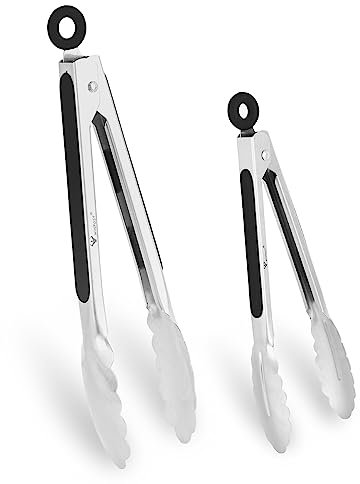 WINPOST Lot de 2 pinces de cuisine en acier inoxydable de 2 à 21 cm, 27 cm avec poignée antidérapante résistante à la chaleur – Idéales pour la cuisine, la salade, les grillades et les barbecues (21