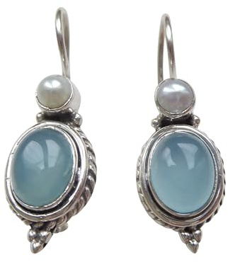 Chalzedon-Ohrringe leuchtend blau echte Süßwasser-Perle Hänger verschließbar Silber Handarbeit Unikat Italien Geschenk für Frauen Retro Vintage