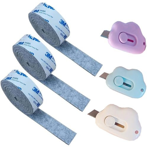 Feutrine Autocollante Meuble,3 Rouleaux Feutrine Adhesive +3 pcs Mini Couteau Utilitaire,Découpe Libre de Toute Taille ou Forme Feutre Patin Antiderapant pour Protection Pied de Table Chaise Canape
