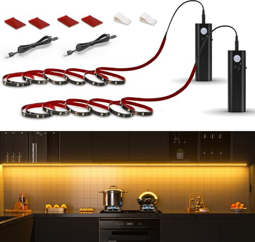 WOBANE Tira Led Pilas con Sensor de Movimiento, 2x2m Tiras Led Bateria Recargable, Tira Led Armarios sin Enchufe, Tira Luces Led Adhesivas para Escaleras,Cocina,Pasillos, Blanco Cálido 2700K