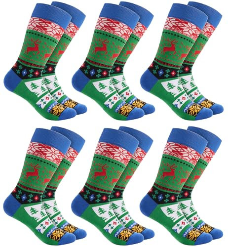 BRUBAKER 6 Paar Weihnachtssocken für Damen und Herren - Weihnachtsmuster Rentiere Grün - Baumwolle Socken Weihnachten - Größe 41-45