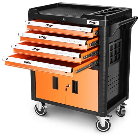 DNA Motoring 4-Drawer Rolling Tools Chest, Rolling Tool Storage Cabinet, Heavy Duty Mechanic Tool Cart, Trolley Organizer for Garage, Warehouse, Workshop, Orange, TOOLS-00402