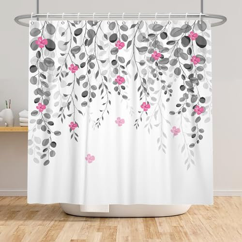 Bovlleetd Weinende Blume Duschvorhang (175x178cm) Grau Rosa Blätter Botanische Bauernhof Blumen Badezimmer Duschvorhang Wasserdicht Polyester Gewebe Pflanze Duschvorhang für Badezimmer