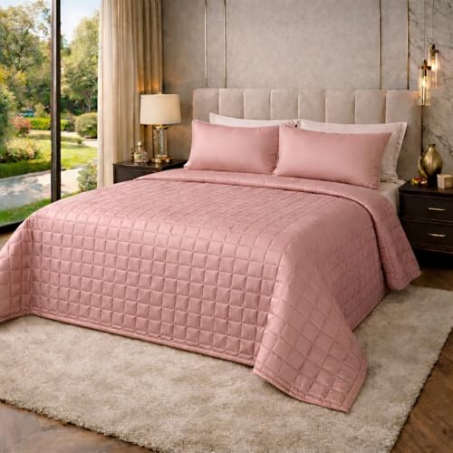 CLARA HOME Copriletto Una Piazza e Mezza Colore Rosa Cipria, Trapuntato in Raso Satin, Coperta Leggera Mezza Stagione, Autunno Primavera, Elegante per Camera da Letto, Made in Italy