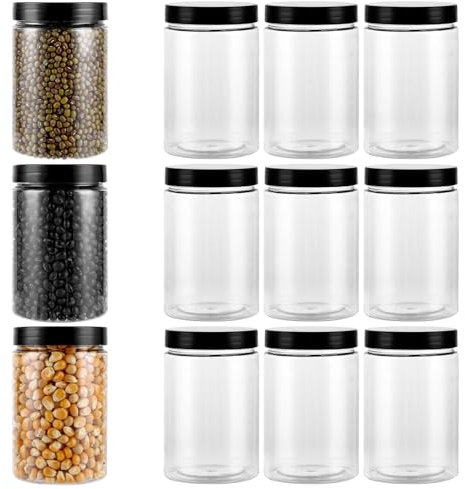 YAYODS 12 Stück Kunststoff Behälter mit Schwarz Deckel - 290 ml Transparent Aufbewahrungsdosen - Runde Luftdichte Dose Wiederverwendbar für Küche zu Hause, Würzmittel, Süßwaren, Tee, Nüssen
