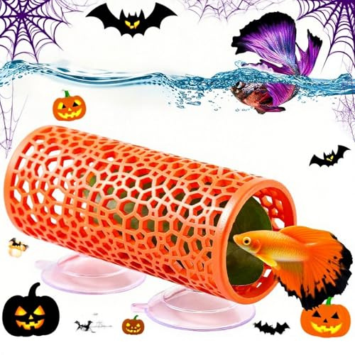 Abizoo Betta Tunnel Aquarium Höhle Orange Hohl Koralle Design Betta Fisch Spielzeug Aquarium Ornament für kleine Fische Garnelen Lebensraum Glatte Hängematte Versteck Halloween Tank Dekoration