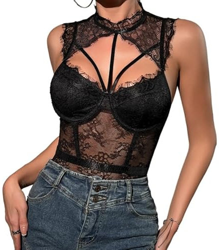Body Donna Sexy Bodysuit Tops in Pizzo Floreale Spaghetti Strap Sottogiacca Body Senza Maniche a Rete Trasparente Jumpsuit Aderente Un Pezzo Tuta Elegante Cami Camicie Moda Going Out Leotard Top