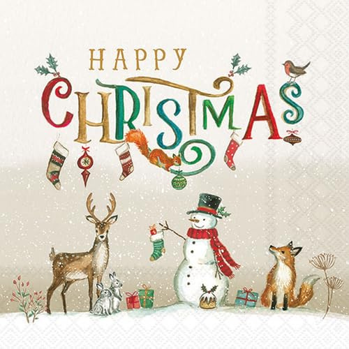 20 Servietten Weihnachten Tiere an Happy Christmas als Tischdeko. Papierservietten mit Motiv. Auch für Decoupage und Serviettentechnik 33x33cm