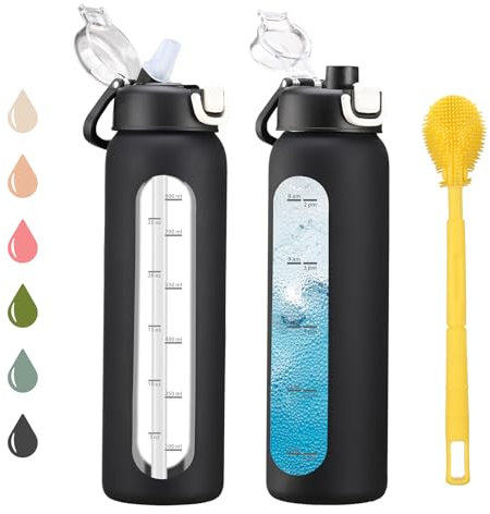 chunmo 32 oz Glass Water Bottles with 2 Lids-Handle Spout Lid & Straw Lid, 1 Liter Motivational Borosilicate Water Bottle with Time Marker and Silicone Sleeve,Leakproof-Black-1 Pack