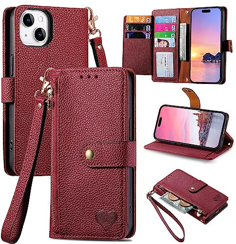 VEEMOS Zipper Wallet Case for Apple iPhone 14 Plus Phone Case with Purse Card Holders RFID Blocking Leather Flip Case Book Cover Wrist Strap Women - Red