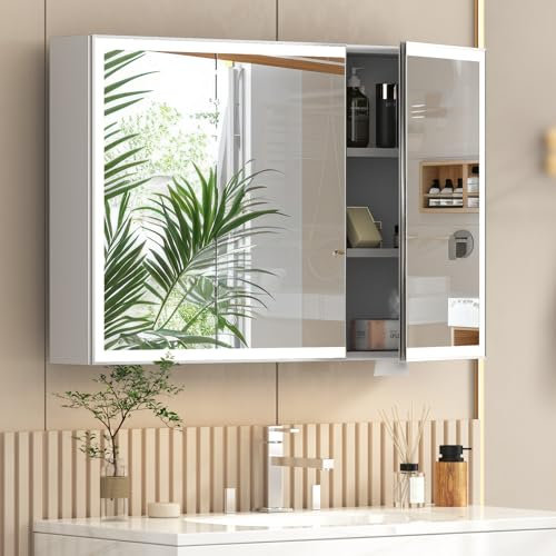 Teousev Meuble Haut Salle de Bain, Métal Armoire de Toilette avec Anti-buée, 80x60x13cm Armoires de Salle de Bain avec Miroir, Armoire Murale Salle de Bain avec Étagères de Rangement, Blanc