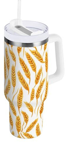ALAZA Stainless Steel Water Bottle with Straw and Handle, Wheat Insulated Coffee Cups 40 oz Flask Travel Mug for Water Iced Tea Hot Drinks, Leakproof