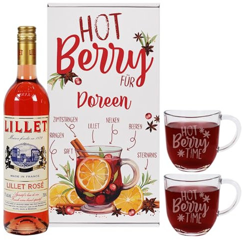 Herz & Heim® Lillet Geschenkset Hot Berry mit zwei gravierten Gläsern, einer Geschenkbox und einer Flasche Lillet (0.75l, Rosé)