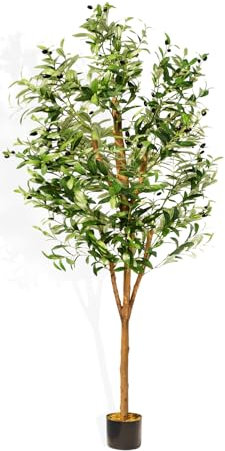 Faux Olive Tree 6ft Tall with Natural Wood Trunk - Realistic Olive Trees Artificial Indoor with 1200 Silk Leaves - Artificial Indoor Tree for Home Decor, Office Decor - Potted, Easy to Assemble