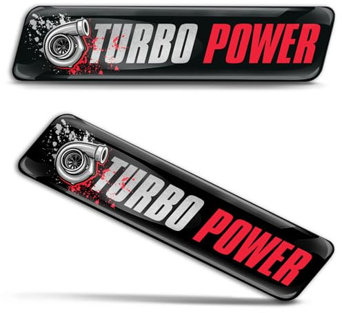 SkinoEu 2 x Aufkleber 3D Gel Silikon Stickers Autoaufkleber Auto Motorrad Fahrrad Helm, Abzeichen Emblem Turbo Power Schwarz Rot Silber KS 152