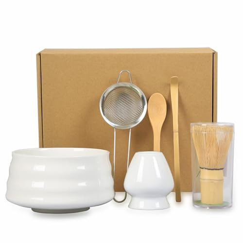 Hniuyun 6Pcs Matcha Whisk Set - Handmade Bamboo Matcha Whisk, Tea Spoon, Matcha Scoop, Tea Sifter, Whisk Holder, Bowl, Matcha Accessory - Traditional Japanese Matcha Tea Making Kit