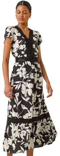 Roman Originals Paisley Lace Trim Maxi Dress for Women UK - Ladies Everyday Holiday Spring Summer V-Neckline Comfy Soft Evening Vacation Work Party - Black - Size 20