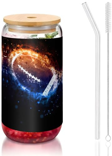 JIUTY American Football Trinkgläser mit Deckel und Glasstrohhalm, 1 Stück, 473 ml, Bier-, Eis- und Kaffeegläser