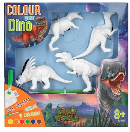 Depesche 12672 Dino World DIY Colour Your Dino – 4 Dinosaur Figurines, Kit Including Acrylic Paint, Brush, Palette and Instructions