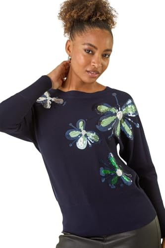Roman Originals Women Diamante Embellished Jumper Ladies Sparkly Sequin Sweater Batwing Autumn Winter Knit Knitwear Glittery Shiny Casual Evening Going Out Party