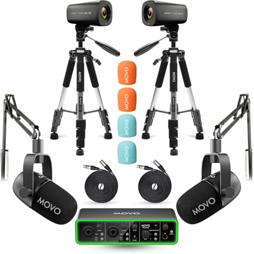 Movo Video Podcast Equipment Bundle – USB Audio Interface, 2 XLR Dynamic Microphones, 2 4K Cameras, 2 Boom Arms – Complete Podcast Setup
