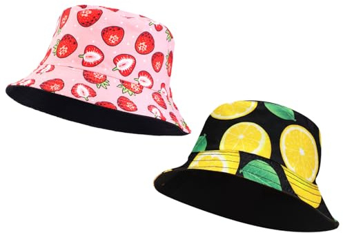 HTTDSLF 2 Stücke Erdbeer und ZitronenGedruckter Hut, Niedlicher Fischerhut, Outdoor Faltbare Sommerhut Bucket Hut Strandhut, Fischerhut Beidseitig Tragen Unisex Herren Damen