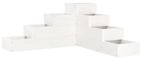 Foknhdi Scala per piante in legno massello di pino, 80,5 x 79 x 36 cm, bianco, aiuola rialzata a forma di L, con 4 gradini per fiori, erbe aromatiche, verdure, fioriera angolare per giardino, balcone