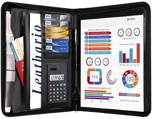 Leathario Schreibmappe A4 mit Reißverschluss,Konferenzmappe mit Schreibblock,Klemmbrett,Dokumentenmappe für Büro,Meetings, Aktenmappe für Bewerbungsgespräche,Arbeitsmappe für Studenten, Ärzte